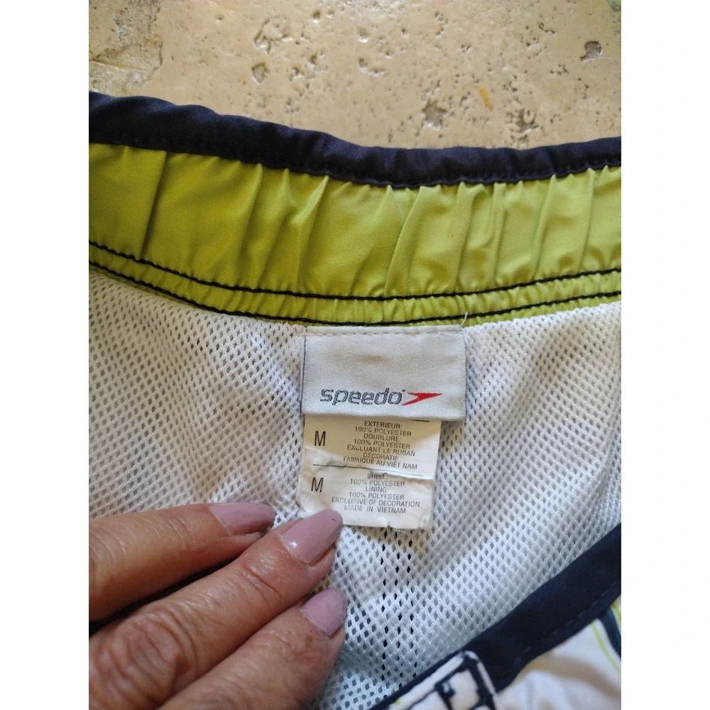 Speedo Swim Trunks Man Medium White Blue Green Plaid Boardshorts Mesh Lined Pool